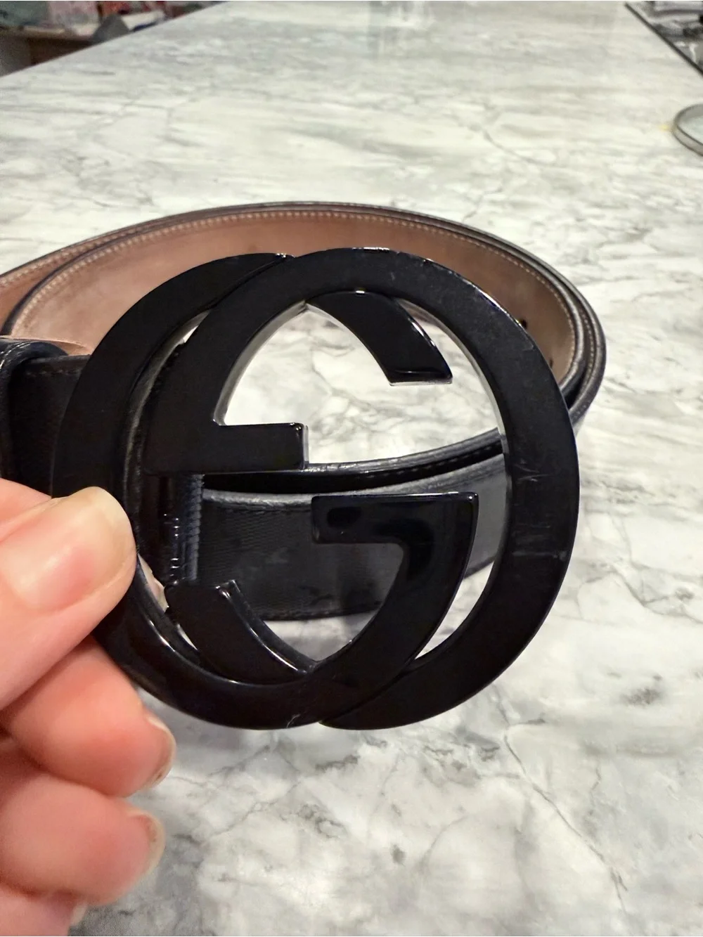 Gucci Black patent Leather Men's Belt with Interlocking G-Style Buckle